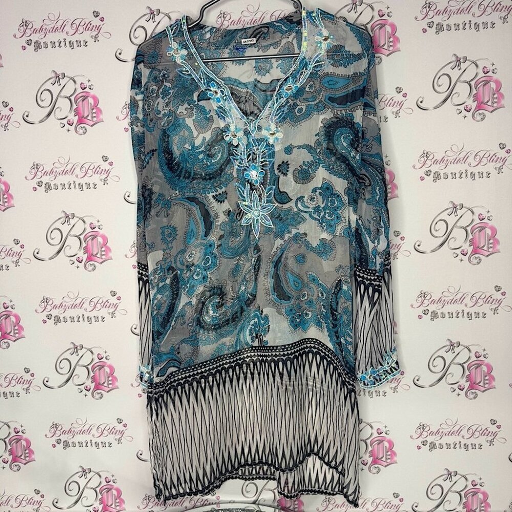 coverup dress embroidered beaded boho swim beach dress Paisley Blue Sheer